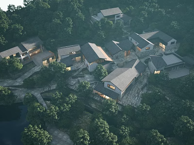 Aerial Planning of Traditional Style Buildings Amidst Lush Trees and Natural Landscape Layout Design 3d model