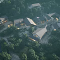 Aerial Planning of Traditional Style Buildings Amidst Lush Trees and Natural Landscape Layout Design