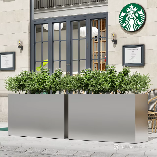 Modern Outdoor Garden Planters With Lush Greenery And Coffee Shop Facade 3d model 