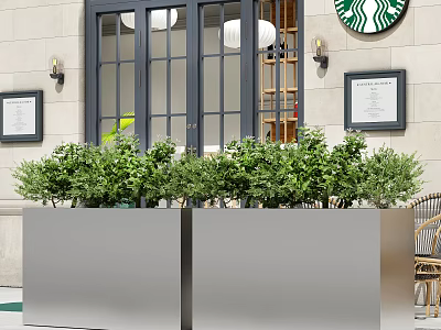 Modern Outdoor Garden Planters With Lush Greenery And Coffee Shop Facade 3d model