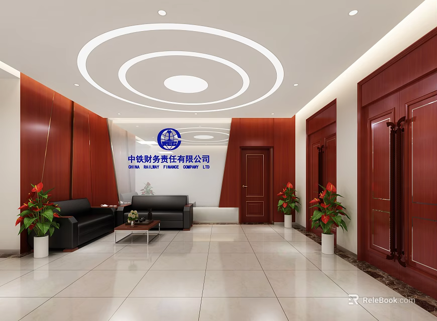 Office Corridor Interior With Wooden Walls Sofa Coffee Table Plants And Circular Ceiling Lights 3d model 