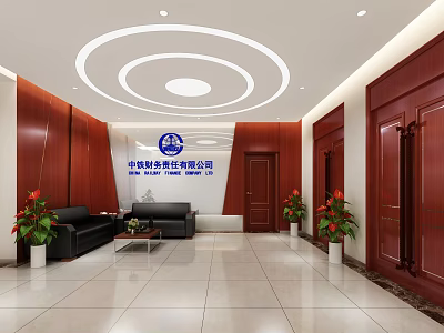 Office Corridor Interior With Wooden Walls Sofa Coffee Table Plants And Circular Ceiling Lights 3d model