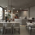 Modern Café Interior With Metal Sculpture White Bar Stools Coffee Machine And Cactus Plant