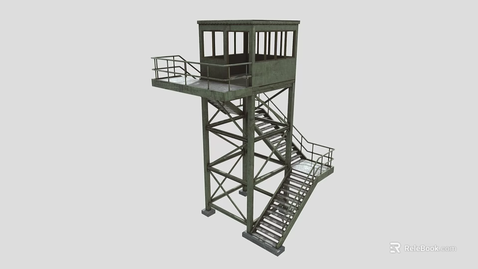 Green Metal Observation Tower With Staircase Railing And Top Platform 3d model