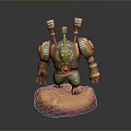 Game Character 3D Model With Green Orange Armor Mechanical Shoulders Rocky Base And Glowing Eyes