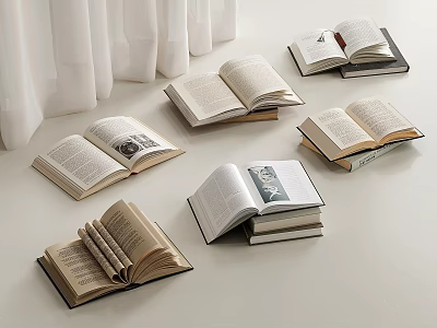 Open Books Scattered on White Table with White Curtains in Background 3d model