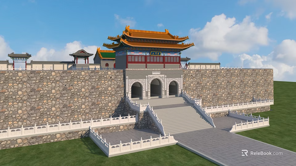 Traditional Chinese Ancient Architecture With Yellow Tiled Roof Stone Wall Steps And White Balustrades 3d model 
