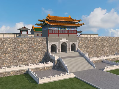 Traditional Chinese Ancient Architecture With Yellow Tiled Roof Stone Wall Steps And White Balustrades 3d model