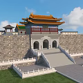 Traditional Chinese Ancient Architecture With Yellow Tiled Roof Stone Wall Steps And White Balustrades