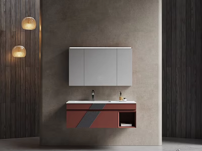 Modern Wall Mounted Bathroom Vanity with Gray Wooden Mirror Cabinet Pendant Lights Drawer Open Shelf 3d model