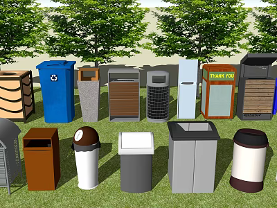 Public Facilities Outdoor Trash Bins With Various Designs And Green Tree Background 3d model