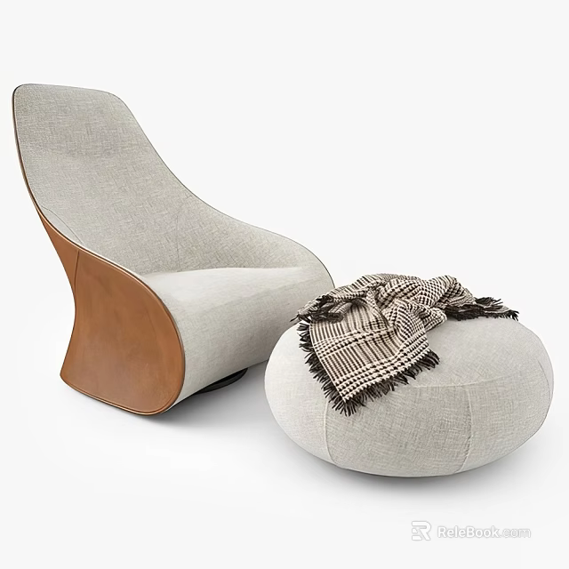 Gray Lounge Chair With Wooden Frame And Round Ottoman With Plaid Blanket 3d model 