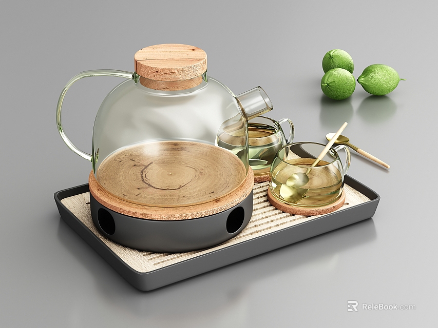 Clear Glass Tea Set With Wooden Lid Black Base Bamboo Tray Small Cup And Limes 3d model 