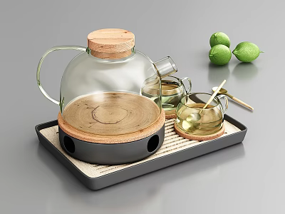 Clear Glass Tea Set With Wooden Lid Black Base Bamboo Tray Small Cup And Limes 3d model