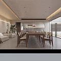 Modern Restaurant Interior With Long Dining Table Chairs Sofa Plants And Large Windows