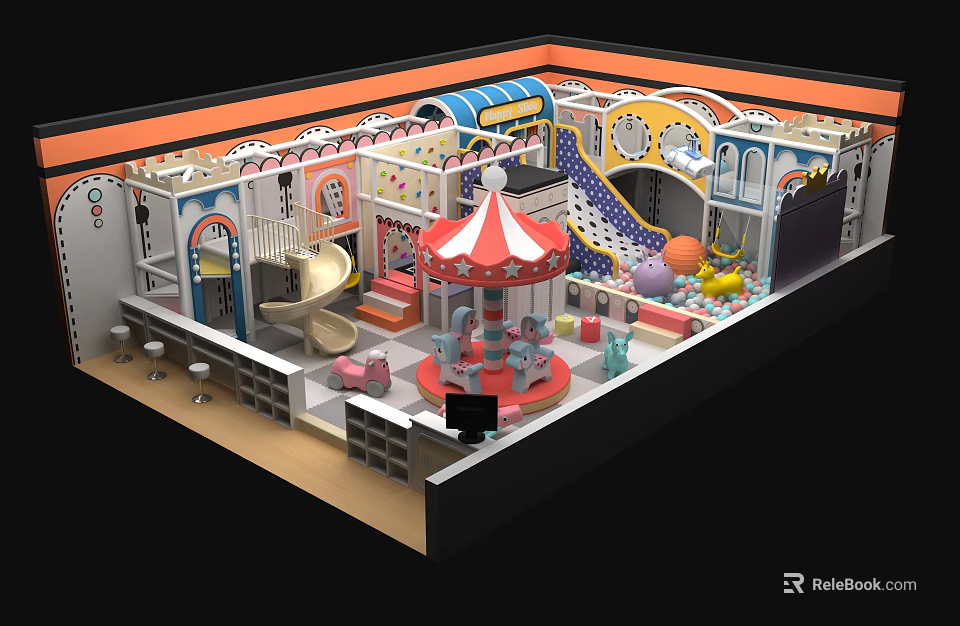 Indoor Kids Playground Design With Carousel Slide Colorful Play Zones Ball Pit And Seating Area 3d model 