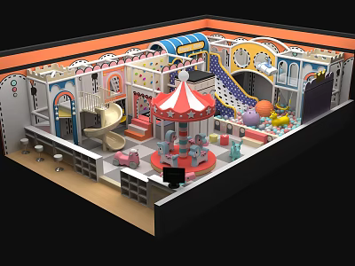 Indoor Kids Playground Design With Carousel Slide Colorful Play Zones Ball Pit And Seating Area 3d model