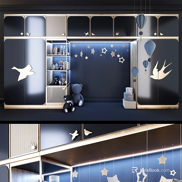 Elegant Modern Kids Room Decorative Cabinet With Star Balloon Bird And Storage Shelves 3d model 