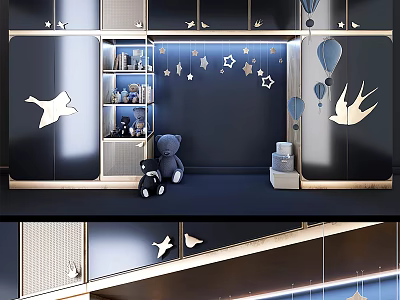 Elegant Modern Kids Room Decorative Cabinet With Star Balloon Bird And Storage Shelves 3d model