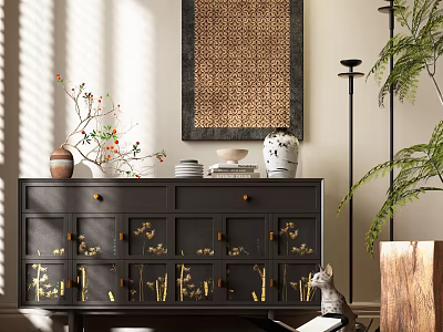 Modern Entryway Console Cabinet With Black Finish Gold Accents Vases Plates Wall Art And Plants 3d model