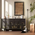 Modern Entryway Console Cabinet With Black Finish Gold Accents Vases Plates Wall Art And Plants