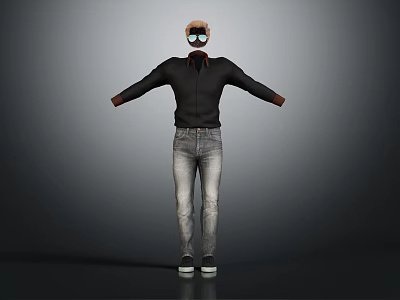 Black Long Sleeve Shirt With Gray Jeans And Black Casual Shoes Outfit 3d model