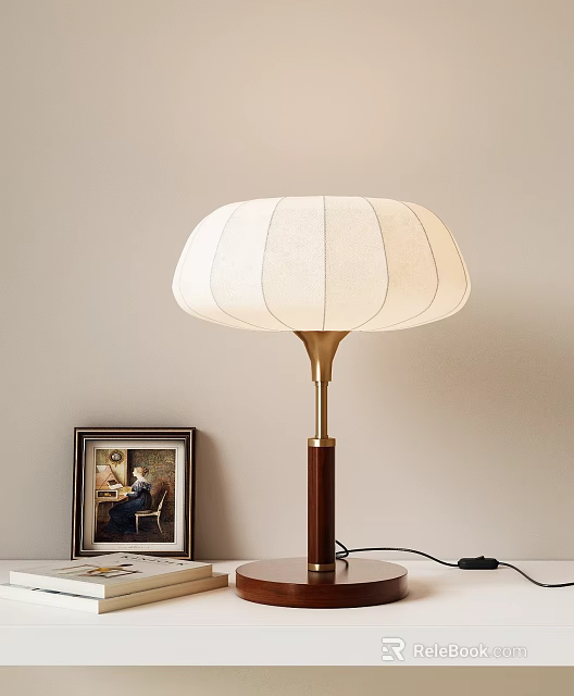 Modern Elegant Table Lamp with White Fabric Shade Wooden Base and Brass Metal Accent 3d model 