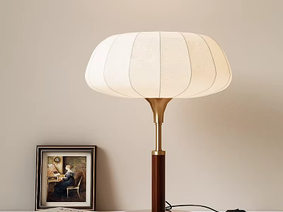 Modern Elegant Table Lamp with White Fabric Shade Wooden Base and Brass Metal Accent 3d model