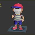 3D Cartoon Character Wearing Pink Cap White Mask Striped Shirt Blue Shorts Pink Shoes