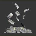 Stack of US Dollar Bills with Flying Currency Notes on Dark Background 3d model