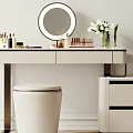 Elegant Modern Dressing Table Interior With Round Mirror White Stool Cosmetics And White Flowers 3d model
