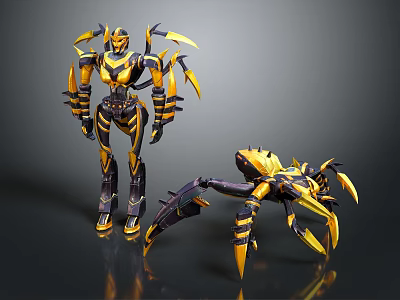 Yellow And Black Mechanical Creatures With Standing And Crab Like Forms 3d model
