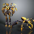 Yellow And Black Mechanical Creatures With Standing And Crab Like Forms 3d model