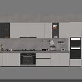 Modern Kitchen Interior With White Cabinets Black Appliances Countertop And Hanging Cooking Tools