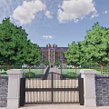 Classic Red Brick Detached Villa With Tower Clock Windows And Stone Path