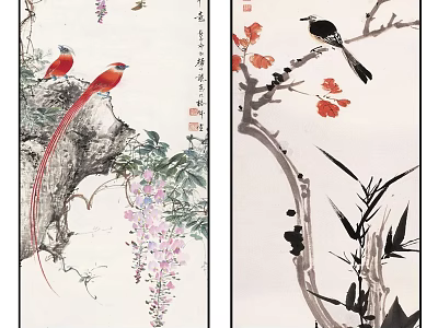 Traditional Chinese Ink Art Paintings Featuring Red Black Birds Wisteria Red Leaves And Bamboo 3d model