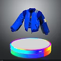 Stylish Blue Jacket With Zipper Closure And Striped Sleeves Displayed On Colorful Circular Platform