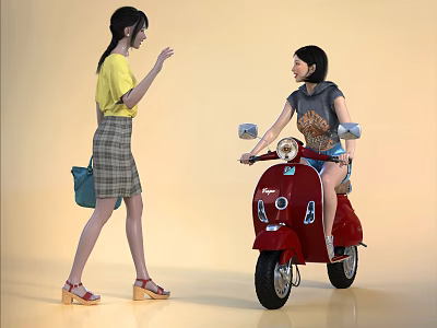 Two People Communicating One Standing and One Sitting on Red Scooter 3d model