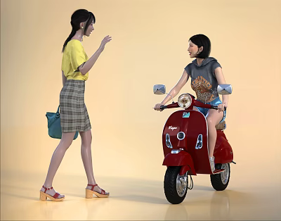 Two People Communicating One Standing and One Sitting on Red Scooter 3d model