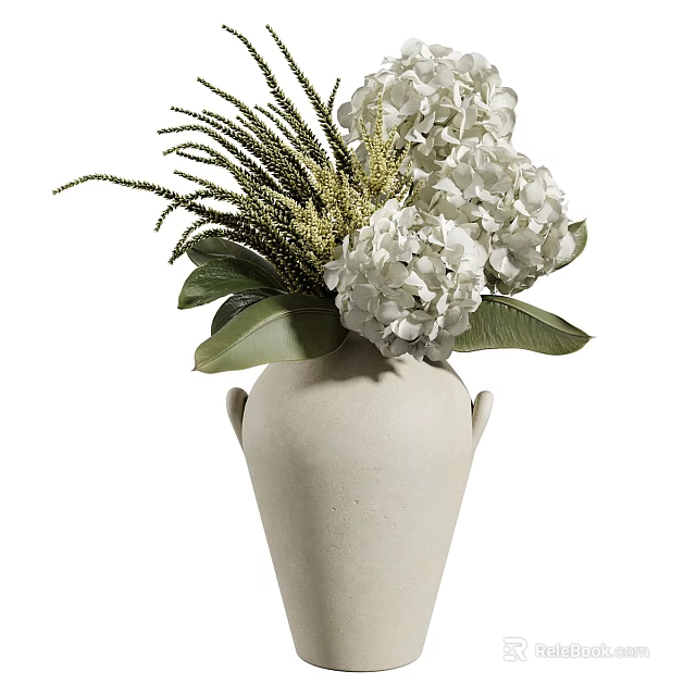 Decorative Ornament Set Featuring White Vase With White Hydrangeas And Green Foliage 3d model