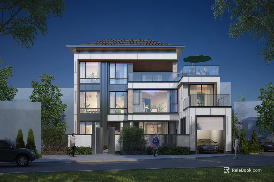 Modern Detached Villa Exterior Design With Large Windows Balcony Garage And Greenery 3d model 