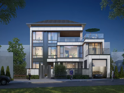 Modern Detached Villa Exterior Design With Large Windows Balcony Garage And Greenery 3d model