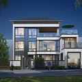 Modern Detached Villa Exterior Design With Large Windows Balcony Garage And Greenery