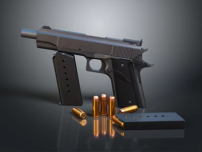 Black Modern Pistol With Shiny Bullets And Magazine On Reflective Surface 3d model