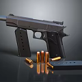 Black Modern Pistol With Shiny Bullets And Magazine On Reflective Surface