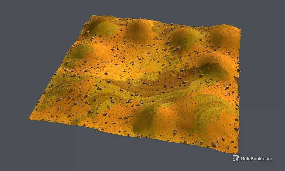 Yellow Green Terrain Model With Rolling Hills And Scattered Stones 3d model 