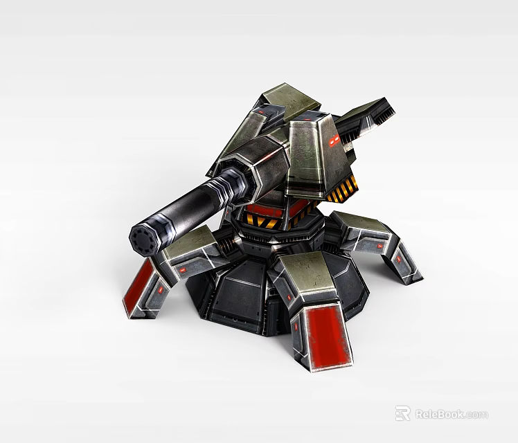 Futuristic Mechanical Turret Tower With Cannon Barrel Red Accents And Multi Legged Base 3d model 