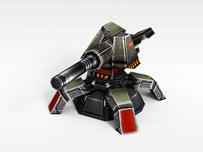 Futuristic Mechanical Turret Tower With Cannon Barrel Red Accents And Multi Legged Base 3d model