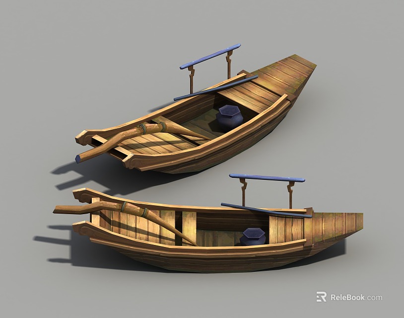 Two Traditional Wooden Boats With Blue Poles And Simple Interior Design 3d model 