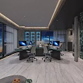 Modern Open Office Space Featuring Glass Top Desk Multiple Computers Office Chairs and Floor-to-Ceiling Windows